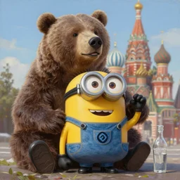 an epic painting minion, drinking vodka in russia with bear, oil on canvas, perfect composition, golden ratio, beautiful detailed, photorealistic, digital painting, concept art, smooth, sharp focus, illustration, artstation trending, octane render, unreal engine