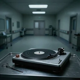 a technics 1200 turntable in an eerie vacant hospital hall, dark, surgeon tools on a table