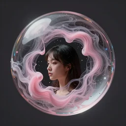 a portrait of visions of a mirrored droplet, crystal, smoky swirls of pink cream simulated by her, rejected, a gate to infinity, warm inhuman, between gifts, beyond the stars into the void
