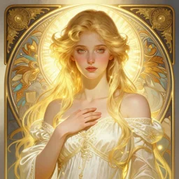 digital character concept art by artgerm, by greg rutkowski, by alphonse mucha. clear portrait of a shy modern wife blessed by god to grow immaculately fertile and perfect!! blonde, in clothes! holy body! light effect. hyper detailed, glowing lights!! intricate, elegant, digital painting, artstation, smooth, sharp focus