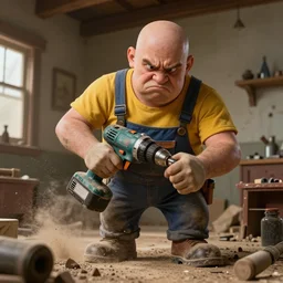 grumpy chunky bald handyman, mechanical powerdrill! hands destroys dusty old home, full body, hyperrealistic absurdist digital art masterpiece, highly detailed neo pop surrealism, jason limon kay sage hannah yata, dramatic lighting, low angle, uhd 8 k, sharp focus