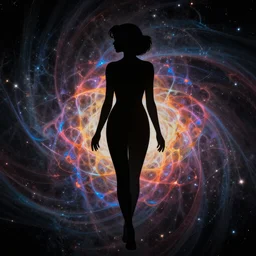 silhouette of a beautiful! elegant woman, 3 0 years, retrowave color scheme, fractal chaotic dark, nebula background, by wlop, mucha and julie bell, artstation, deviantart, 8 k