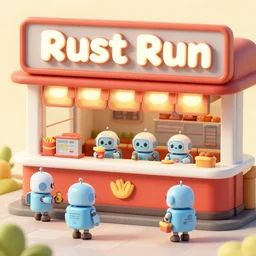 a fast food restaurant named rust runned by cute tiny robots, artstaion