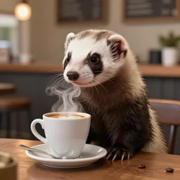 A ferret chilling in a coffee shop sipping on his hot steaming coffee, hyperdetailed, artstation, cgsociety, 8k