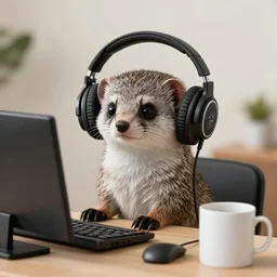 a cute mongoose! wearing headphones!! working on a pc!, a mug on the desktop, hyper realistic, insanely detailed, in the style of the'spitting image tv show '!!
