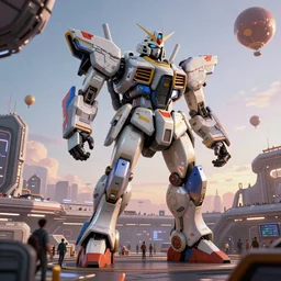 a beautiful hyperrealistic ultradetailed 3 d render of a gigantic mecha guarding a sci - fi spaceport, by ryan gitter : 3, mech, unreal engine, octane render, gigantic, unreal engine, octane render, 3 d, brilliantly coloured, intricate, ultra wide angle, trending on artstation, dusk, volumetric lighting, hdr, polished, micro details, ray tracing, 8 k : 2, people, sphere, balloon, blurry, blur, depth of field, dof, bokeh, obscured, macro : - 1