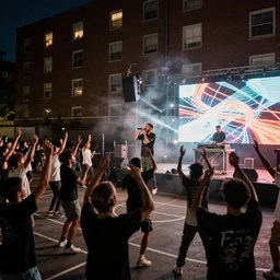 an old school hip hop concert taking place on a basketball court behind a large brick apartment at night, many people dancing with their hands in the air, a rapper is standing on stage yelling into the mic, a dj with audio equipment at the back of the stage, digital art, foggy, light streaks