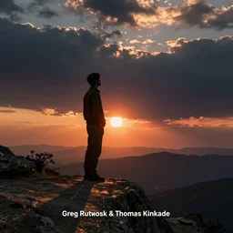 stand at the edge of reality and observe the infinite unknown, sunset, by greg rutkowski and thomas kinkade