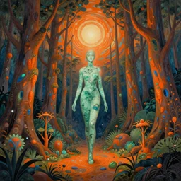 Psychedelic forest, Art Nouveau Cosmic 4k Detailed Matte Illustration featured on Getty Images ,CGSociety, Jade and Carrot orange color scheme, Pastiche by Marc Simonetti, Pastiche by Cedric Peyravernay