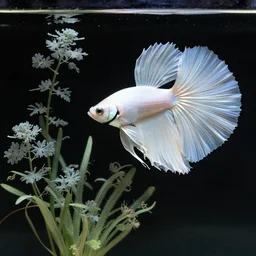 ikebana of delicate aquatic botanical plants and a graceful iridescent white betta fish with long swirling fins, black-water-background, traditional Japanese painting, hiroshige, artstation, alphonse-mucha