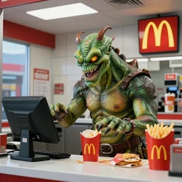 A Demogorgon working at the drive-thru of a McDonald\'s, cinematic, 8k, hyper realistic