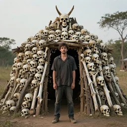 a man standing in front of a hut made of skulls, photo, detailed, 4k