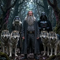 Saul Goodman, Gandalf, Darth Vader, surrounded by wolfs in a forest, gothic