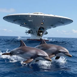 dolphins aboard the starship enterprise, hyper realistic, extreme detail,