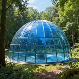 giant blue glass dome built in german forest, sunny day, volumetric light, hyperdetailed, artstation, cgsociety, 8 k