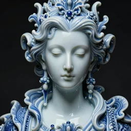 a dark baroque close - up portrait of an ornate blue and white porcelain being made out of white vitrified translucent ceramic ; china. reflective detailed textures. gloomy black background. highly detailed fantasy science fiction painting by moebius, norman rockwell, frank frazetta, and syd mead. rich colors, high contrast. artstation