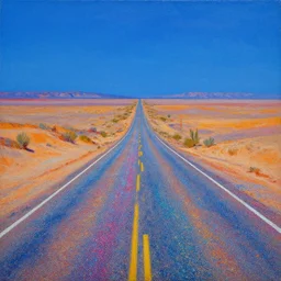 an oil painting of a blue desert landscape with roads of colored glittering sand, classical landscape painting, artstation, high detail, award winning, psychedelic and glittering, cinematic composition