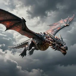 epic cinematic close up shot of dragon flying through stormy clouds