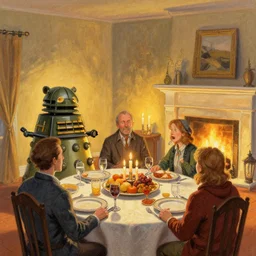 greg manchess painting of daleks having thanksgiving dinner, golden hour, candles, fireplace, trending on artstation