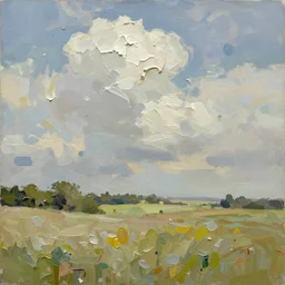 oil paint impasto reliefs summer sussex fields, atmospheric, painted with expressive paint and cumulus clouds, some splattered paint