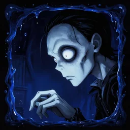side profile dark horror anime movie stylistic poster of a of a very pale skinny young man with big empty sharp empty eyes and sharp cheek bones and a slightly melting head and looking almost dead with sharp facial features and black hair looking sadly down on his hand, the face of the young man is inside a dark blue melting frame made of wierd blue liquid, only black and blue high contrast colour spectrum, melancholic, allegorical style, dark style anime, tim burton,
