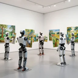 art gallery full of humanoid robots painting nature scenes on canvases