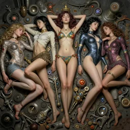 girls resting, fantasy character portrait, ultra realistic, wide angle, intricate details, the fifth element artifacts, bikini, skirt, shorts, long shirt, bodysuit, leotard, highly detailed by peter mohrbacher, hajime sorayama, wayne barlowe, boris vallejo, paolo eleuteri serpieri