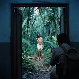 film still, extreme far view, judas betrays jesus, jungle, vietnam door gunner, apocalypse now, associated press,, 2 6 mm, kodak ektachrome, blue tint expired film,