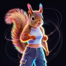 a award winning half body portrait of a squirrel with stunning eyes in a croptop and cargo pants with rainbow colored hair, outlined by whirling illuminated neon lines and fine lines swirling in circles by jesper ejsing and rhads and makoto and shinkai and lois van baarle, digital art, trending on artstation