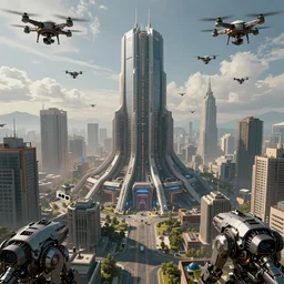 concept art of city 1 7, half - life universe, civil protection, cameras, drones, dystopian, mechanical, technological, control. at the heart of the city is the citadel, a giant skyscraper which serves as the hub of the combine. hyperrealist, intricate digital art, breathtaking, artgem, artstation, volumetric lighting, real time render, 8 k ultra high definition, unreal 5