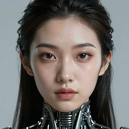 a portrait of an lonely asian goddess, detailed, realistic eyes, horizontal partial symmetry features proportions, intricate facial details, cybertech wear, award winning, trending in cgsociety artstation deviant art