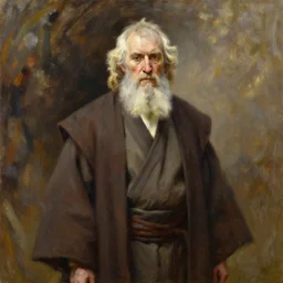 the world's oldest man as a jedi, full - figure oil painting by james mcneill whistler, brush strokes