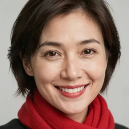a smiling women taking a zoomed out selfie, hyper realistic photography, highly detailed, sharp focus, good vibes, realistic, highly detailed attribute, award winning, art by portrait realistic illustrators, not wearing a red scarf, short hair