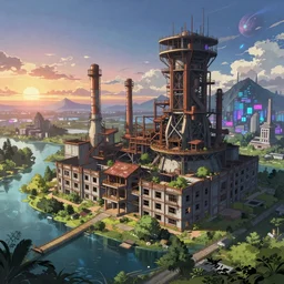 a beautiful very detailed anime illustration of architecture industrial architecture city unfinished building nature orphanage by titian, at summer matte painting at dawn sunset cyberpunk nightvision synthwave elysian junglepunk lake myst azeroth cosmic evil, archdaily, wallpaper, highly detailed, trending on artstation.