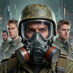 retrofuturistic portrait of a soldier, respirator on bottom half of face, dystopian city graphics in background, close up, quint buchholz, wlop, dan mumford, artgerm, liam brazier, peter mohrbacher, raw, featured on artstation, octane render, cinematic, gritty, intricate, 8 k