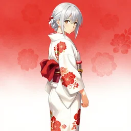 (beautiful) girl, silver hair, white (kimono) with complex red flower patterns, full body, looking to camera, showing her shoulder from back, ilustration by (Takehiko Inoue) ((and Krenz Cushart))
