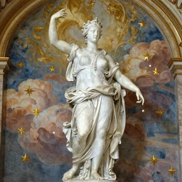 saint Woman Venus Athena beautiful gracious baroque marble and gold in space sistina stars clouds