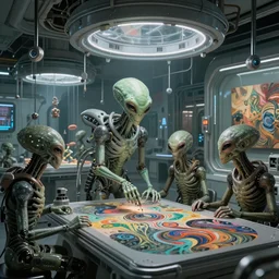 hi-tech alien society discovering art as a medium, creating new art pieces with their advanced technology as a medium, stunning cinematography