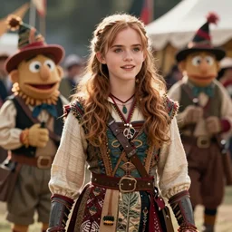 detailed ultrarealistic photography medium shot of dnd fantasy festival ethnic rustic emma watson girl warrior in muppet show cloth, leyendecker, norman rockwell, greg rutkowski, jim henson, ross tran artstation cinematic, vray