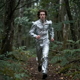 man running through the forest wearing silver clothes gothic style of david lynch cinematic
