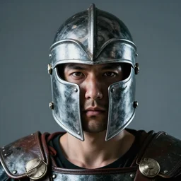 portrait of a cyberpunk roman gladiator, lens focused on face, clear image, studio lighting