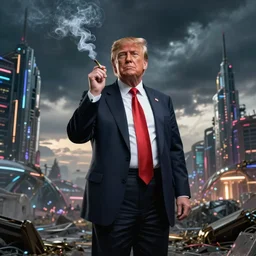 donald trump smoking a cigarette, heroic shot, post apocalyptic, future, cyber - punk, wide shot