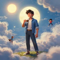 portrait of a ( ( ( taza de cafe ) ) ), ( ( guapo joven espanol brincando ) ), lleno de nubes y magia, el sol, concept character, by greg rutowski and tezuka and oi and mucha and bierstadt and remington, trending on artgem, behance