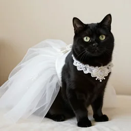 a black cat wearing a white wedding dress