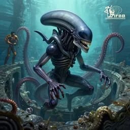 underwater xenomorph alien mixed with sharks extra teeth, tentacles, emerging from labyrinth, highly detailed, digital painting, artstation, concept art, smooth, sharp focus, illustration, unreal engine 5, 8 k, art by david levy and carlos huante and ifbb pro fitness photograph