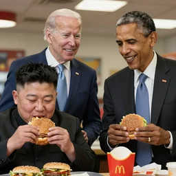 joe biden and barack obama as siamese twin looking at kim jong un eating mcdonalds hamburgers in a cafe