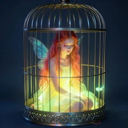 Melancholic image of a beautiful glowing fairy trapped inside a metal birdcage, highly detailed, vivid colors by Ilya Kuvshinov