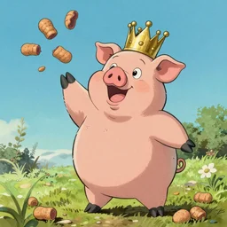 trippy comic art of a obese pig wearing a gold crown throwing pork rinds snacks into the air, drawn by Martin Rowson, Tim Burton, Studio Ghibli, Alex Pardee, Nekro Petros Afshar, James McDermott, colors by lisa frank, unstirred paint, vivid color, cgsociety 4K