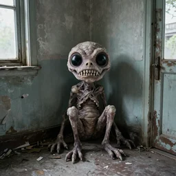 iphone flash photo of a bizzare creature sitting in the corner of an abandoned house, ultra detailed teeth and black eyes