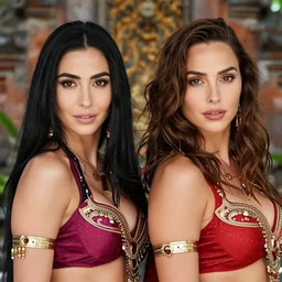 portrait of demi rose and gal gadot as belly dancers in bali, by charlotte grimm, natural light, detailed face, beautiful features, symmetrical, canon eos c 3 0 0, ƒ 1. 8, 3 5 mm, 8 k, medium - format print, half body shot